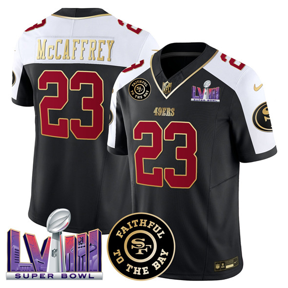 Men's Black San Francisco 49ers #23 Christian Mccaffrey Alternate 2025 F.U.S.E. Faithful & Super Bowl LVIII Patch Vapor Limited Stitched Football Jersey
